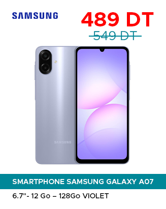 Samsung Galaxy A07 promotional image showing violet phone from back and front, price 489 DT (was 549 DT) with teal banner and 6.7" 128GB Violet spec
