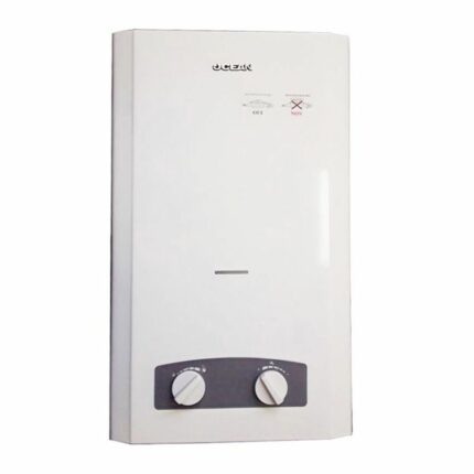 White wall-mounted boiler/water heater with two round knobs on a dark control panel at the bottom and a small indicator window above.