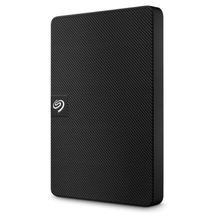 Black external hard drive with a carbon-fiber textured finish and a small Seagate logo on the corner.