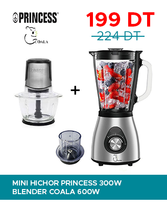Princess mini chopper and 600W Coala blender on sale for 199 DT, reduced from 224 DT, with a plus sign between the two appliances.