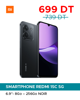 Promotional image of Redmi 15C 5G smartphone, 6.9-inch, 8GB RAM/256GB storage, noir, price 699 DT (was 739 DT)