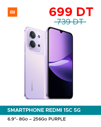 Promo image for Redmi 15C 5G in purple showing front and back of the phone; price 699 DT (was 739 DT), 6.9-inch display, 8GB RAM, 256GB storage.