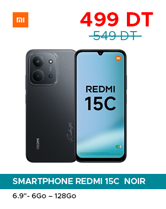 Redmi 15C Noir smartphone shown front and back with price 499 DT (was 549 DT); 6.9-inch display, 6GB RAM, 128GB storage.