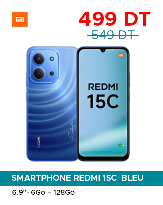 Ad for Redmi 15C blue smartphone—front and back views, 6.9" display, 128GB, price 499 DT (was 549 DT).