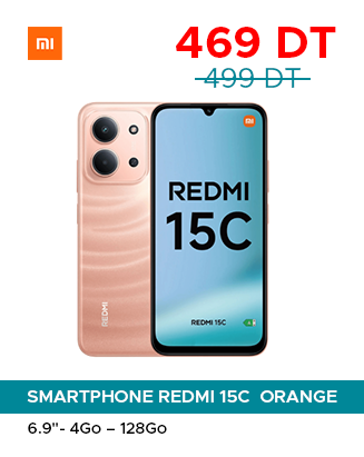 Orange Redmi 15C smartphone with promo price 469 DT and crossed-out 499 DT; Xiaomi logo in corner.
