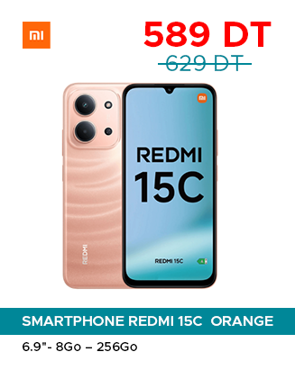 Redmi 15C smartphone in orange with front display and rear camera module, price 589 DT (was 629 DT).
