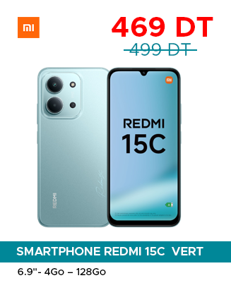 Redmi 15C teal smartphone shown front and back with a price tag of 469 DT (was 499 DT) and the Xiaomi logo; banner reads 'Smartphone Redmi 15C Vert' with specs 6.9", 4Go–128Go.