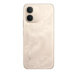 Gold Vivo smartphone shown from the back with a dual-camera module in the top-left corner and a soft feather-like texture across the back.