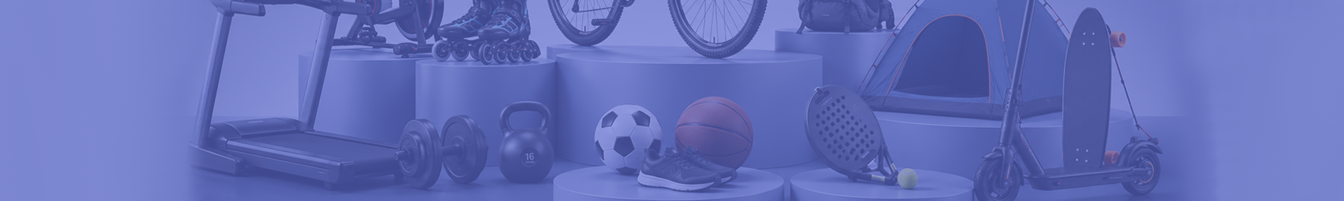 Display of sports and fitness gear on circular pedestals: treadmill, dumbbells, kettlebell, balls, shoes, tent, and scooter (blue-tinted backdrop).